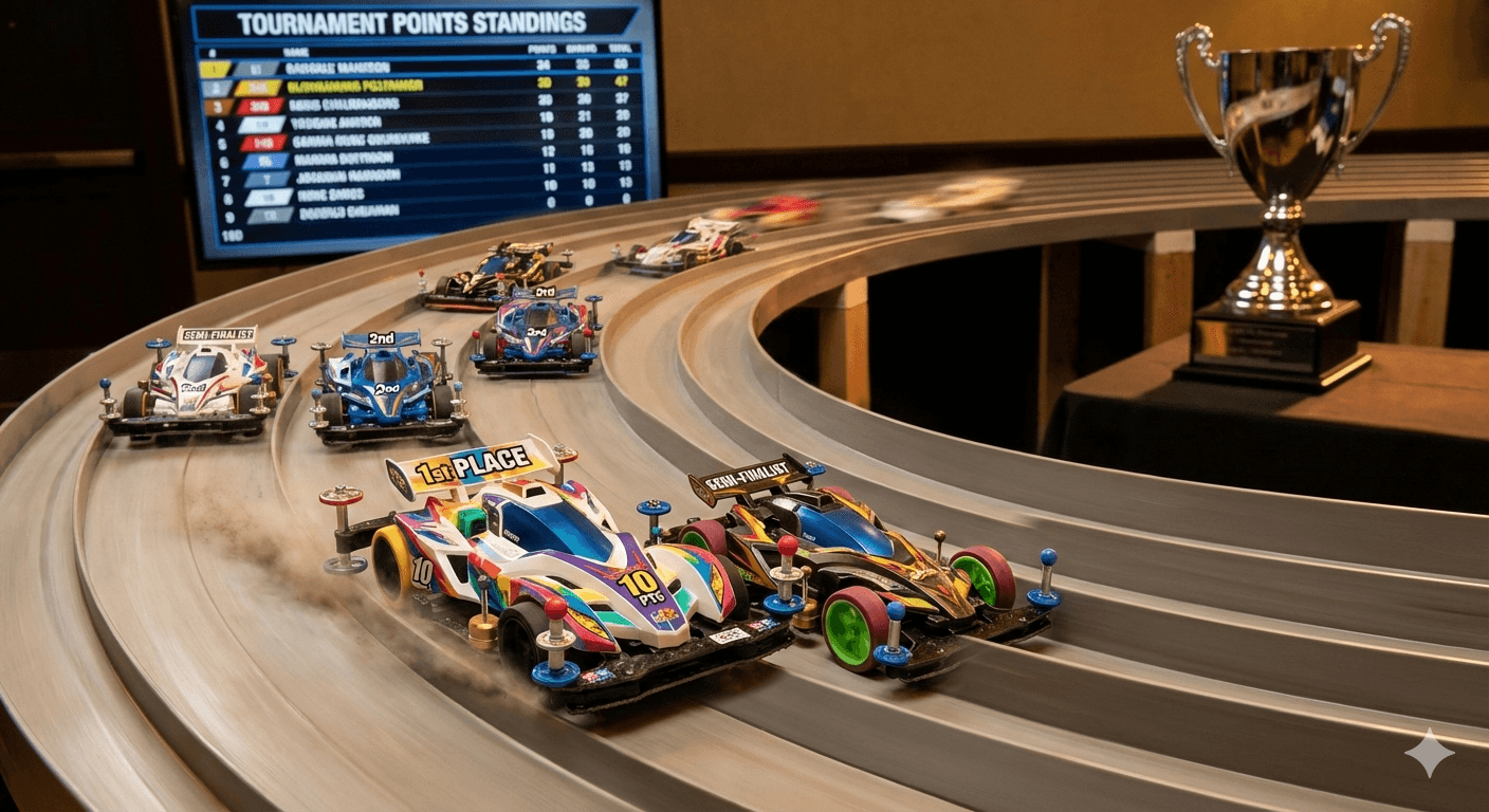 A group of Tamiya Mini 4WD race cars speeding around a large wooden track curve. The leading car features decals reading "1st PLACE" and "10 PTS", followed by cars marked "2nd", "3rd", and "SEMI-FINALIST". In the background, a digital screen displays a "TOURNAMENT POINTS STANDINGS" leaderboard next to a large championship trophy.